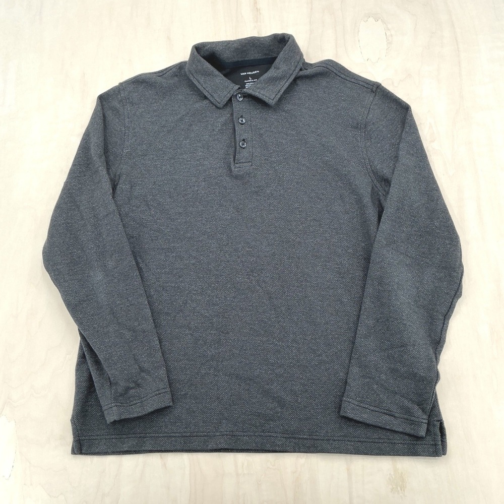 Van Heusen Mens Large Gray Long Sleeve Polo Shirt Classic Fit Textured Casual